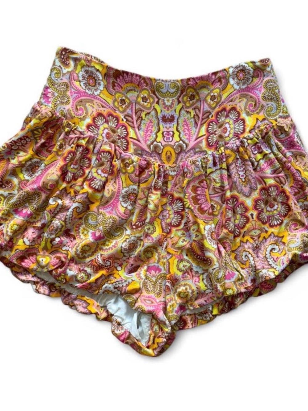 Free People Pink & Yellow Paisley Ruffle High-Waist Shorts